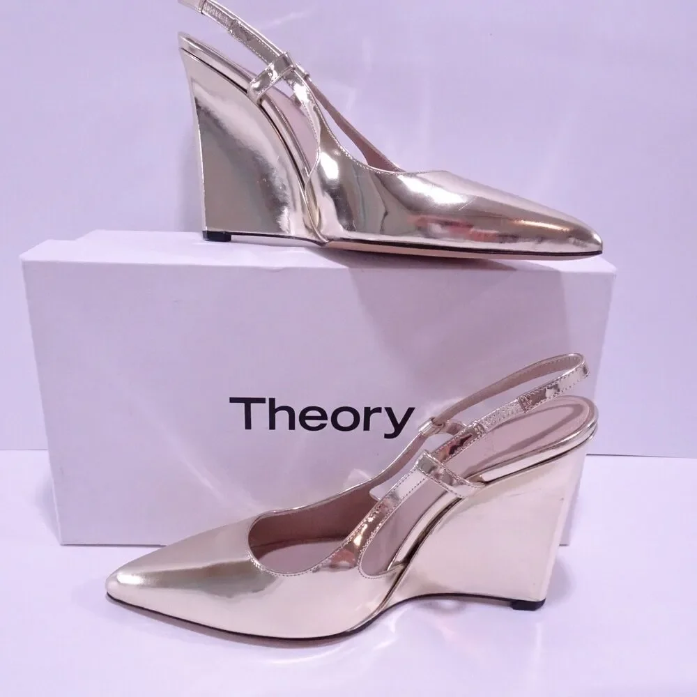 Theory Women's Slingback Wedge Pump in Metallic Leather $395 Sz 38 GOLD